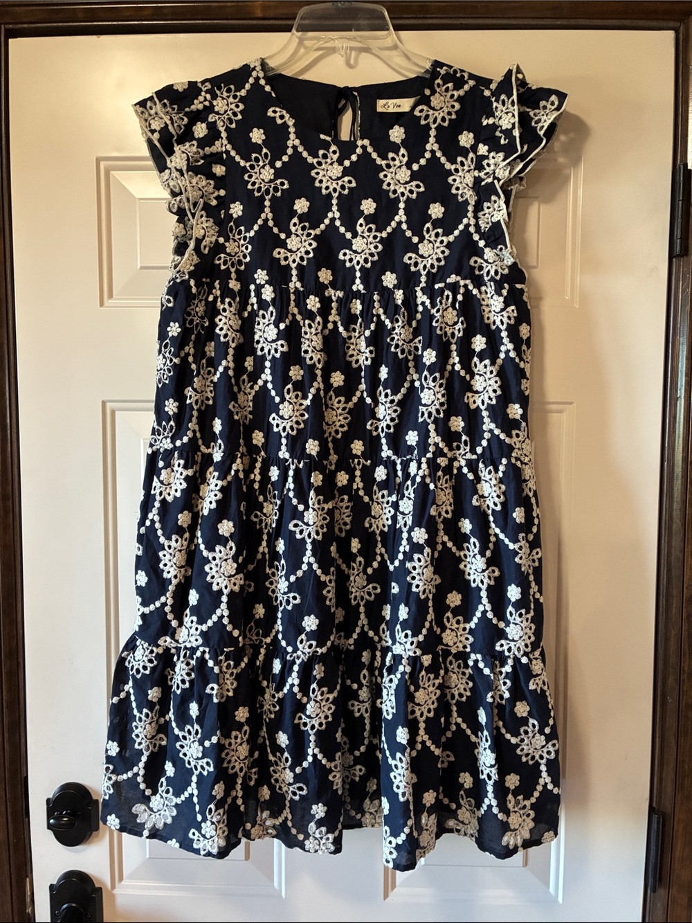 NWT Small La Ven Navy and White Eyelet Tiered Dress with Ruffle Sleeves (ABBA)